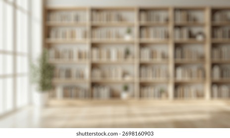 Blurred background of bright and spacious interior featuring wooden bookshelves filled with books and indoor plants, creating a serene environment perfect for reading or studying in natural light.