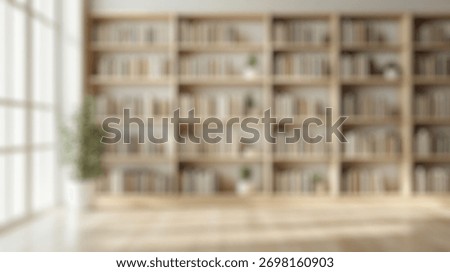 Blurred background of bright and spacious interior featuring wooden bookshelves filled with books and indoor plants, creating a serene environment perfect for reading or studying in natural light.