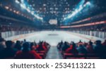 Blurred background of a bustling ice hockey rink before the start of the game. the atmosphere is electric as players prepare and spectators eagerly await the action.