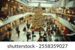 Blurred background of a bustling mall scene filled with holiday shoppers enjoying the festive atmosphere. bright decorations and a large christmas tree create a joyful ambiance during the busy season.