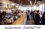 Blurred background of a busy coffee shop showcasing a long line of customers waiting for their favorite drinks, creating a lively and social atmosphere filled with energy.