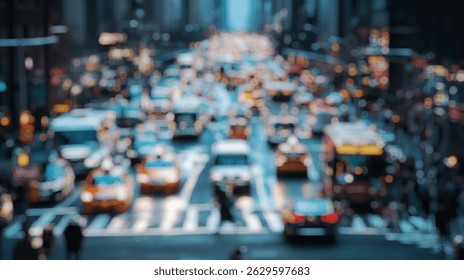 Blurred background of a busy intersection captured during rush hour, showcasing an urban scene filled with traffic and crowds. the image illustrates the hustle of city life.