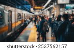 Blurred background of a busy subway station filled with commuters during the morning rush hour, showcasing the vibrant urban life and hustle of daily travel routines.