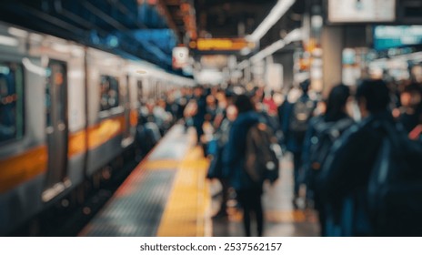 Blurred background of a busy subway station filled with commuters during the morning rush hour, showcasing the vibrant urban life and hustle of daily travel routines. - Powered by Shutterstock