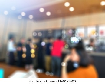 Blurred Background Of Cafe Interior Decoration Design, People On Queue To Buy Coffee, Waiting Queues