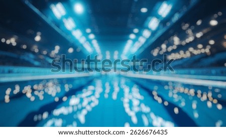 Blurred background of a captivating dynamic scene of a swimming pool arena, showcasing vibrant lights and reflections, perfect for sports, fitness, and leisure themes.