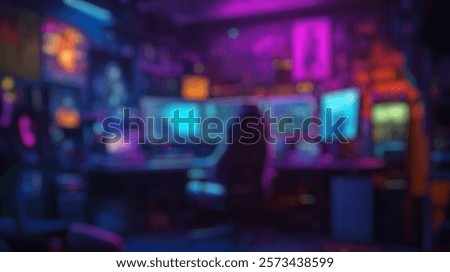 Blurred background of a captivating gaming setup featuring multiple monitors, vibrant led lights, and artistic posters that create a dynamic atmosphere for digital creators and gamers alike.