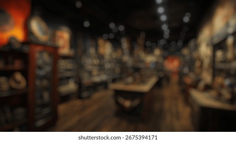 Blurred background of captivating interior of a unique curiosity shop filled with artifacts, antiques, and intriguing collectibles for enthusiasts and tourists