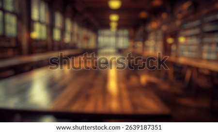 Blurred background of a captivating library interior showcasing stunning wooden tables and tall windows, creating a warm and inviting atmosphere perfect for studying, reading, or scholarly pursuits.