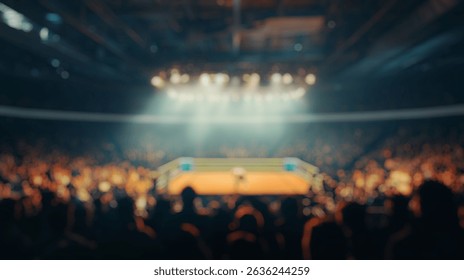 Blurred background of a captivating moment from a wrestling event inside an arena, showcasing the excitement and energy of the crowd in anticipation of the match.