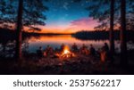 Blurred background of captivating scene shows a cozy campfire by the lake at twilight, where friends gather to enjoy the tranquility of nature under a starry sky.