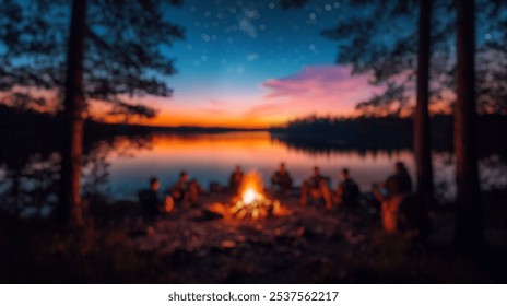 Blurred background of captivating scene shows a cozy campfire by the lake at twilight, where friends gather to enjoy the tranquility of nature under a starry sky. - Powered by Shutterstock