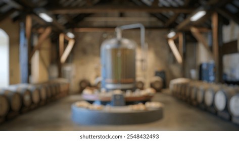 Blurred background of a captivating view of a modern distillery interior showcasing an elegant copper still surrounded by rows of wooden barrels, reflecting craftsmanship and tradition. - Powered by Shutterstock