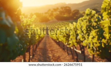 Blurred background of a captivating view of a vineyard at sunrise, showcasing vibrant green rows. this serene landscape captures the essence of nature and tranquility, perfect for agricultural themes.
