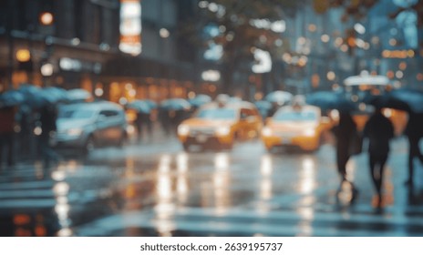 Blurred background of a blurred, chaotic intersection scene during a heavy rainstorm showcases taxis and pedestrians maneuvering under umbrellas amidst wet urban conditions.