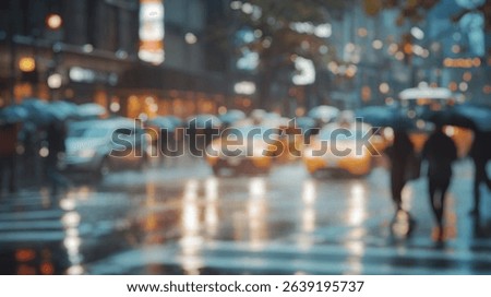 Blurred background of a blurred, chaotic intersection scene during a heavy rainstorm showcases taxis and pedestrians maneuvering under umbrellas amidst wet urban conditions.