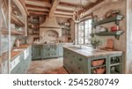 Blurred background of charm of a rustic farmhouse kitchen featuring wooden accents, elegant decor, and a welcoming atmosphere for cooking and gatherings.