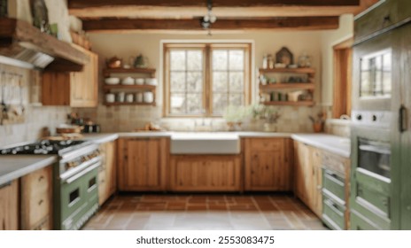 Blurred background of charm of a rustic farmhouse kitchen featuring wooden shelves, a spacious layout, and natural light. ideal for gathering and cooking. - Powered by Shutterstock