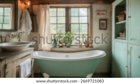 Blurred background of charm of a rustic guest bathroom featuring a vintage tub, beautiful natural light, and serene indoor plants, creating a cozy atmosphere.