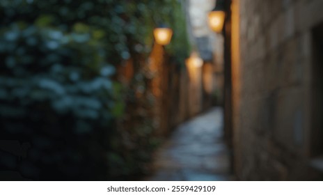 Blurred Background of Charming cobblestone alleyway lined with ivy and vintage street lamps in a historic setting during twilight hours. Blurry Background For Design Projects. - Powered by Shutterstock