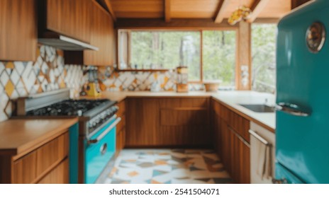 Blurred background of charming mid-century modern kitchen featuring vibrant colors, natural light, and unique design elements, perfect for inspiring home decor ideas. - Powered by Shutterstock