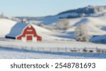 Blurred background of a charming rural landscape featuring rolling hills and a red barn, blanketed in snow. the serene scene captures the beauty of winter in the countryside.