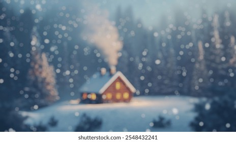 Blurred background of a charming rustic cabin nestled in a snowy forest, exuding warmth and tranquility. perfect for winter retreats or seasonal imagery, capture the enchanting atmosphere. - Powered by Shutterstock