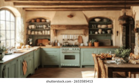 Blurred background of a charming rustic kitchen featuring exposed beams, soft green cabinetry, and warm earth tones. an inviting space perfect for culinary creativity and gatherings.
