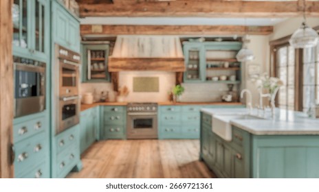 Blurred background of charming rustic kitchen featuring blue cabinets, wooden beams, and modern appliances. perfect for a warm and inviting home atmosphere.
