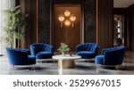 Blurred background of a chic lounge area featuring deep blue velvet chairs, a round table, and elegant decor, perfect for coworking or relaxing in a modern environment.