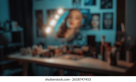 Blurred background of a chic makeup station featuring a reflective mirror and an array of cosmetics, illuminated by soft lighting, showcasing beauty, artistry, and elegance in a creative workspace.
