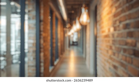Blurred background of a chic office corridor featuring stylish exposed brick walls and modern lighting, showcasing a warm and inviting atmosphere perfect for a creative workspace.
