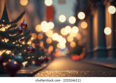 blurred background city street with Christmas illuminations, blurred holiday background. Christmas lights and Christmas decorations on the street. For banner, designs. copy space