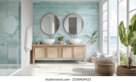 Blurred background of coastal inspired bathroom features dual sinks, round mirrors, and ample natural light, creating a serene and stylish environment perfect for relaxation. - Powered by Shutterstock