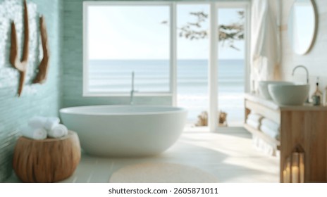 Blurred background of a coastal inspired bathroom featuring a modern tub, natural light, and soothing decor. enjoy serene views of the ocean from this relaxing space. - Powered by Shutterstock - Get 15% off with code: PIKWIZARD15