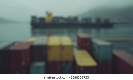 Blurred Background of Container Ship Navigating Foggy Waters with Stacked Cargo Boxes in the Foreground. Blurry Background For Design Projects. - Powered by Shutterstock