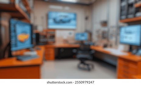 Blurred background of contemporary automotive design workspace featuring dual monitors and ergonomic chair for professional vehicle rendering and development - Powered by Shutterstock