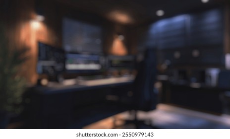 Blurred background of contemporary home office setup featuring dual monitors, ambient lighting, and wooden elements, ideal for remote work or creative projects in a cozy environment. - Powered by Shutterstock