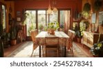 Blurred background of cozy bohemian dining room filled with plants, natural light, and warm colors, creating an inviting atmosphere for gatherings and meals.