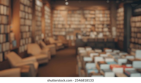 Blurred background of cozy bookstore interior with wooden shelves filled with books, comfortable seating areas, and a warm inviting atmosphere for readers and book lovers - Powered by Shutterstock