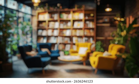 Blurred background of cozy cafe corner filled with plush chairs, a vibrant bookshelf, and inviting greenery, perfect for relaxation, reading, or socializing. - Powered by Shutterstock - Get 15% off with code: PIKWIZARD15