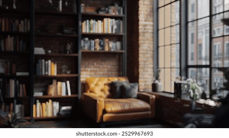 Blurred background of cozy industrial reading nook featuring a leather armchair and bookshelves filled with books. natural light enhances the warm ambiance, perfect for a peaceful reading experience. - Powered by Shutterstock