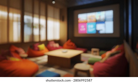 Blurred background of a cozy and inviting collaborative area designed for relaxation and creativity. bright bean bag seating surrounds a central table