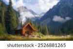 Blurred background of a cozy log cabin nestled in a secluded mountain clearing, surrounded by tall trees and stunning landscapes, perfect for a peaceful getaway in nature.