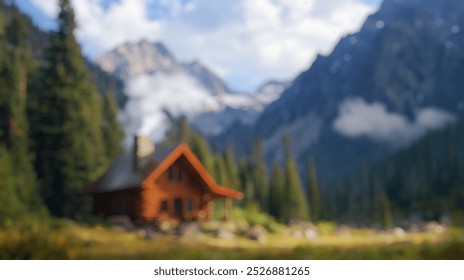 Blurred background of a cozy log cabin nestled in a secluded mountain clearing, surrounded by tall trees and stunning landscapes, perfect for a peaceful getaway in nature. - Powered by Shutterstock