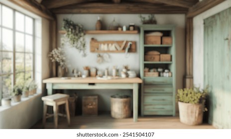 Blurred background of a cozy rustic craft room filled with natural light, featuring a wooden table, shelves of supplies, and greenery. perfect for creative projects and diy inspiration. - Powered by Shutterstock