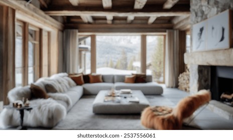 Blurred background of a cozy rustic modern living room featuring a grey sectional sofa, exposed beams, and natural light. perfect for a stylish mountain retreat ambiance. - Powered by Shutterstock