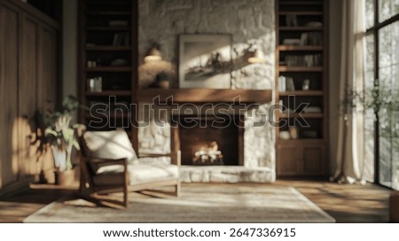 Blurred background of cozy rustic reading corner features a plush chair, a stone fireplace, and wooden bookshelves, creating an inviting space for relaxation and reading.