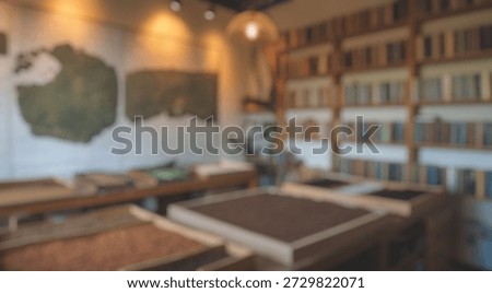 Blurred background of a cozy study featuring vintage books, detailed texture samples, and a large island map, creating an inviting space for creative and educational pursuits.