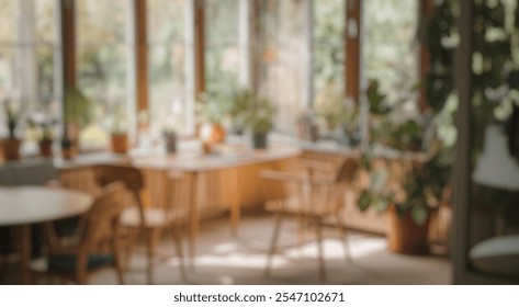 Blurred background of cozy sunlit indoor garden with green plants and wooden furniture, inviting space for relaxation and creativity in a bright home environment - Powered by Shutterstock